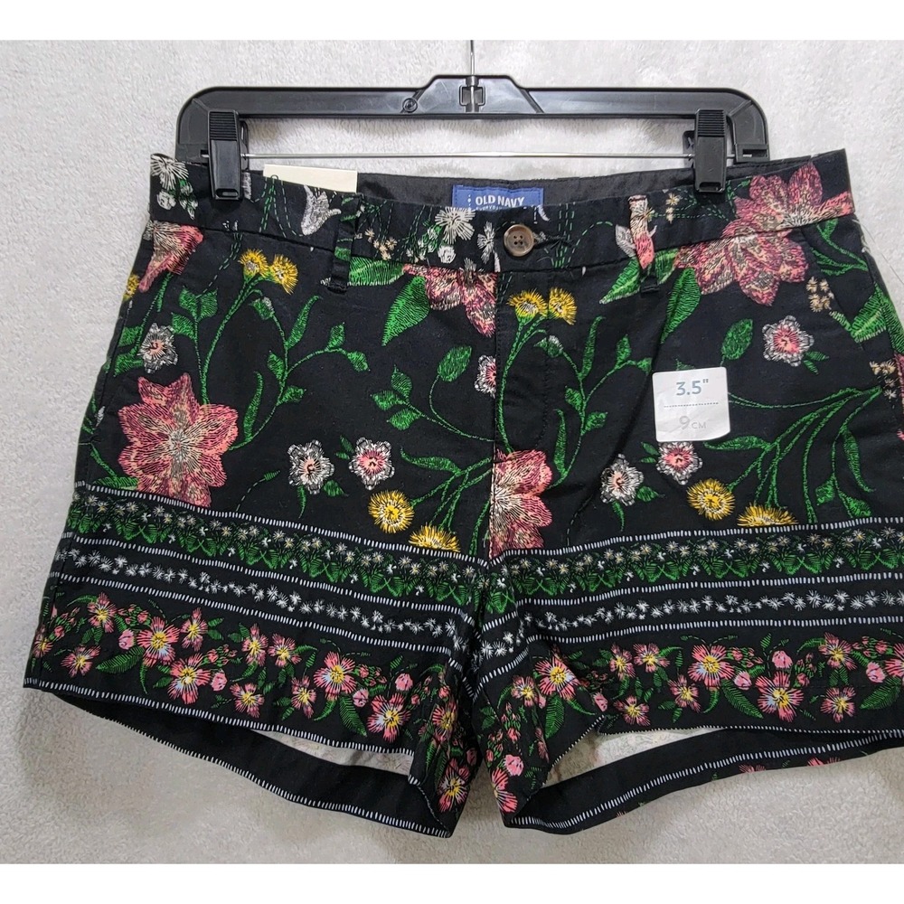 NWT Women's Old Navy Size 8 Cotton Shorts Black Tropical Floral Print Hawaiian